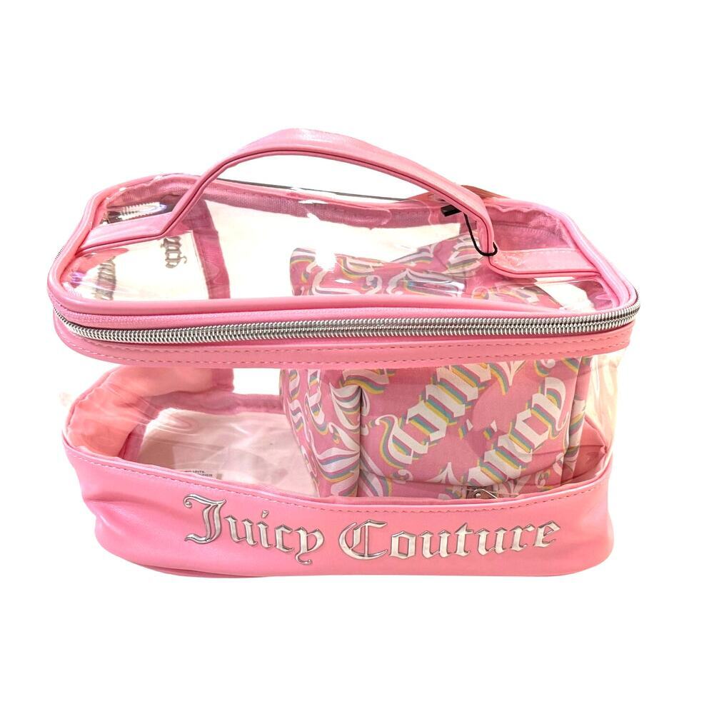 Juicy Couture Pink Clear‎ Cosmetic Bag Set Makeup Travel Case Rainbow Logo NWT